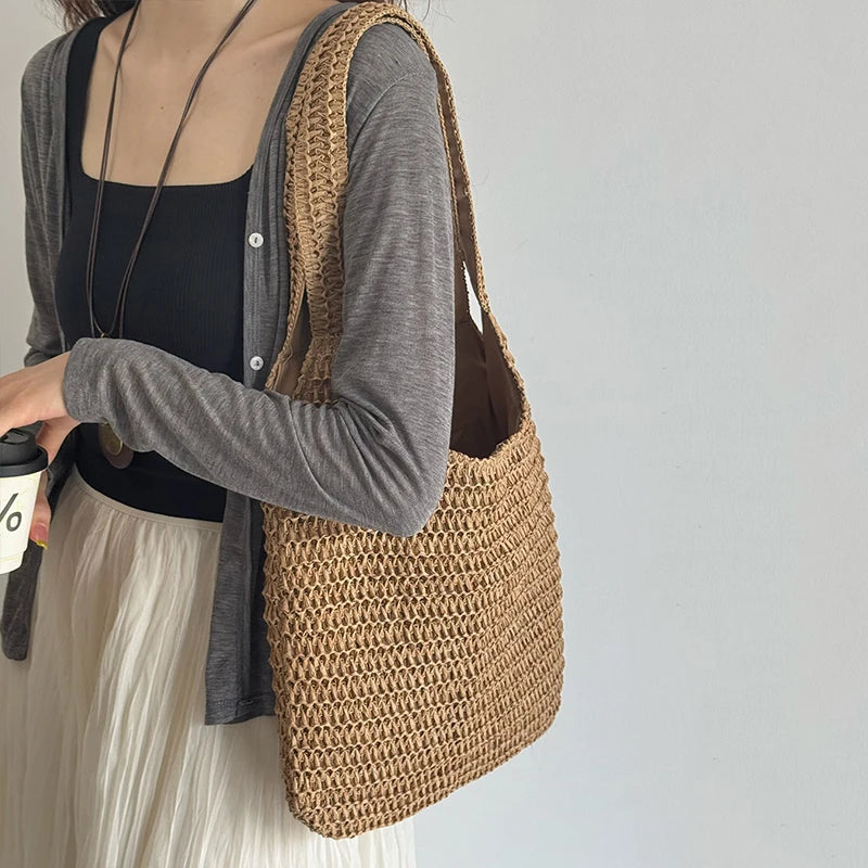 Fashion Rattan Women Shoulder Bags Woven Female Handbags Large Capacity Summer Beach Straw Bags Casual Tote Purses