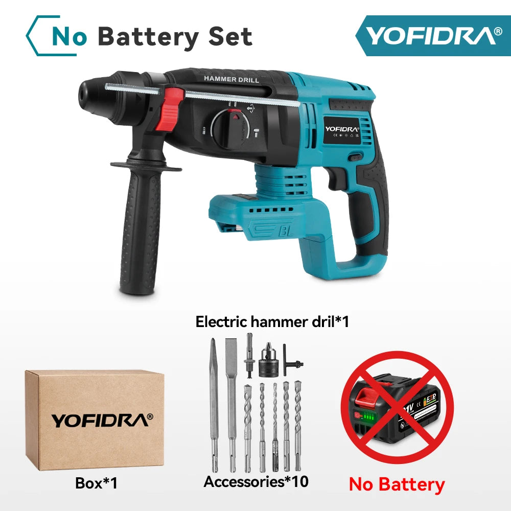YOFIDRA 26mm Brushless Electric Rotary Hammer Cordless Multifunctional Impact Hammer Drill Power Tools For Makita 18-21V Battery Pin