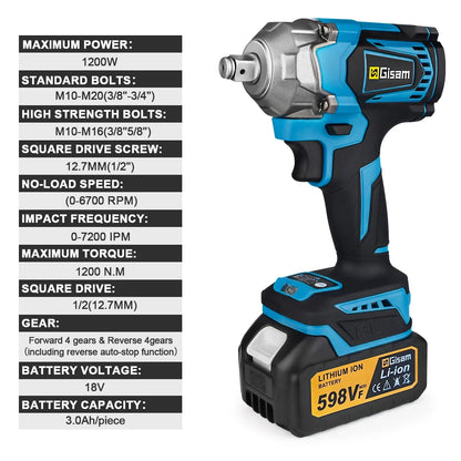 Gisam 1200N.M Brushless Electric Impact Wrench 1/2 inch Screwdriver Cordless Electric Wrench Tools for Makita 18V Battery Pins
