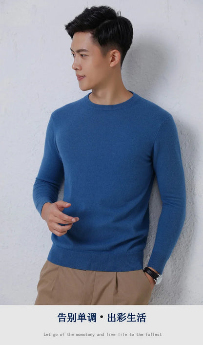 Classic Solid Color Men's O-neck Sweater Autumn Winter 100% Merino Wool Knitted Pullover Long Sleeve Warm Loose Casual Men Tops