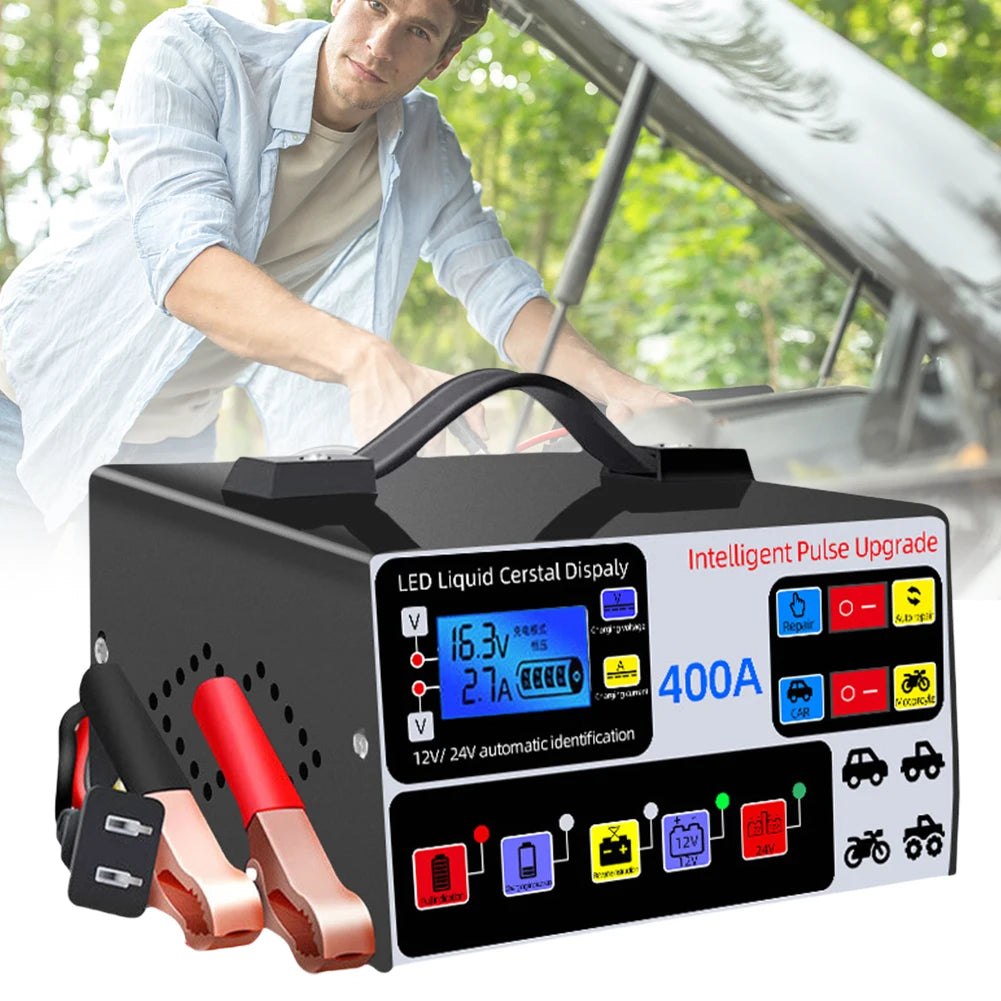 400A Intelligent Pulse Repair Charger Battery High Power Fast Charger 12V/24V Five-Stage Full Automatic Car Battery Charger 220W