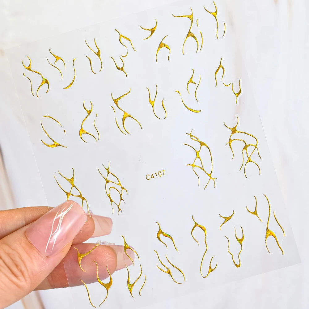 3D Metal Silver Flame Nails Stickers Gold Bronzing Stripe Lines Sliders Design Manicure French Nail Art Decoration Decal #Y2K