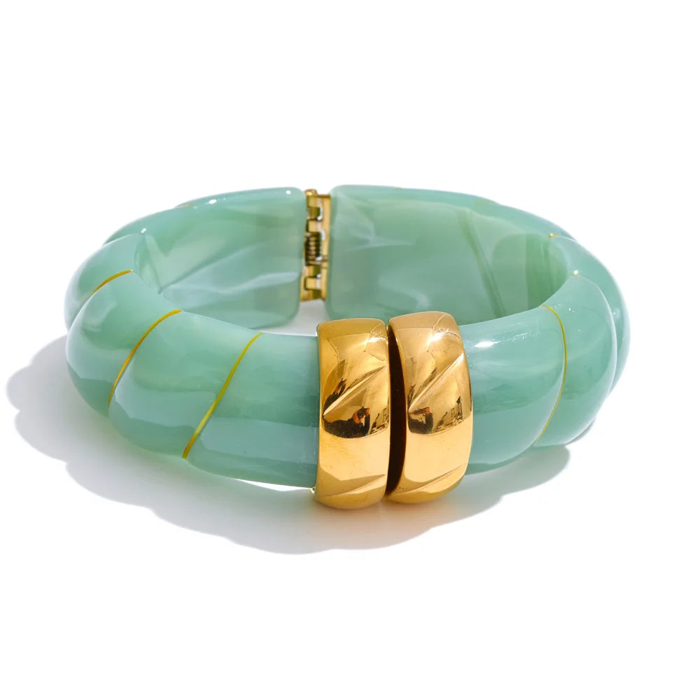 Yhpup Exclusive Multi-Color Acrylic Resin Wide Statement Bracelet Bangle Stainless Steel Autumn Winter Sweater Wrist Jewelry