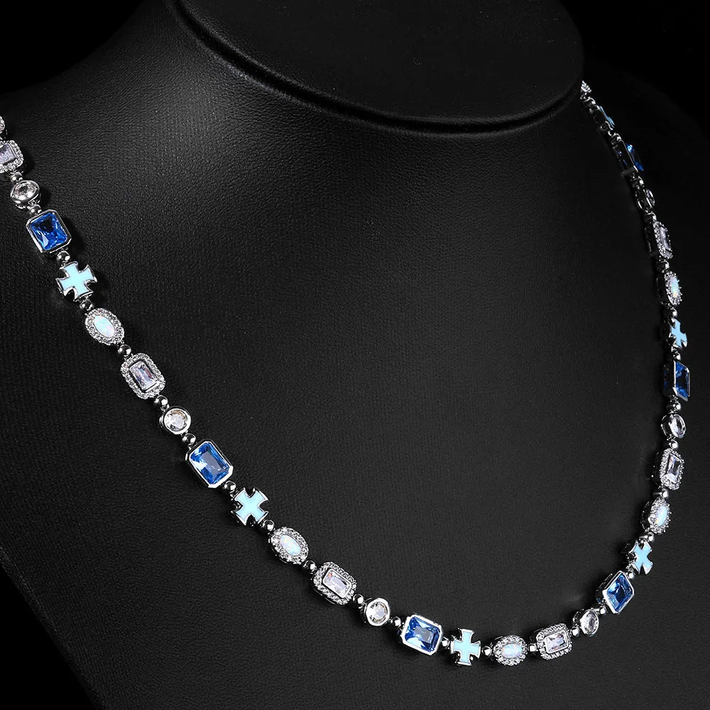 ESKEEM 6mm Geometric Blue Gemstone Necklace Oil Drip Cross Pendant Iced Out CZ Stones Opal Chain Hip Hop Jewelry Men Women Gift