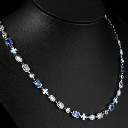 ESKEEM 6mm Geometric Blue Gemstone Necklace Oil Drip Cross Pendant Iced Out CZ Stones Opal Chain Hip Hop Jewelry Men Women Gift