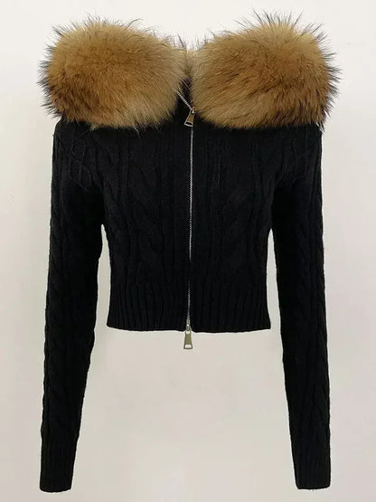 Fashion Natural Fox Fur Collar with Knitted Sweater Women Casual Sweater 2025 New Spring Autumn Slim Fit Elastic Oversized Coat