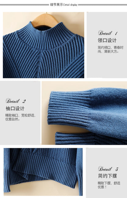 Women 100% Cotton Knit Sweater Half-high Collar Stripe Pullover Autumn Winter Thickened Bottoming Clothing Casual Knitted Tops