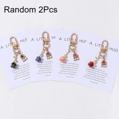 Random 2Pcs Valentine's Day Colored Rose Pendant Enamel Keychain Romantic And Beautiful Style Car Bag Keychain Gift Souvenir