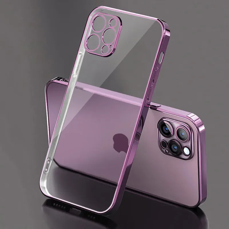 Luxury Plating Square Frame Silicone Transparent Case on For iPhone 11 12 13 14 15 Pro Max X XR XS Max 7 Plus Clear Back Cover