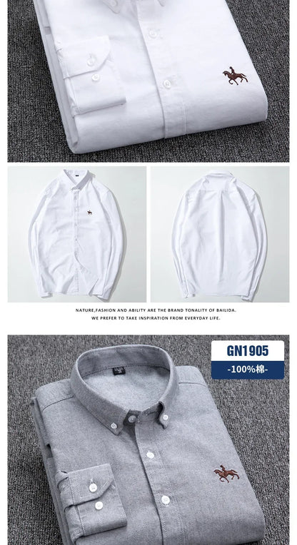 Casual cotton men's shirt slim fit horse logo bottom inch shirt Oxford spinning long sleeved striped shirt