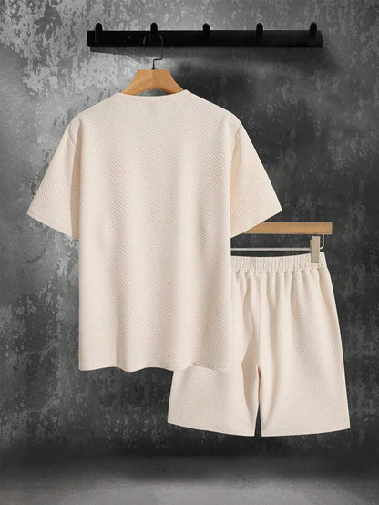Men's Textured Letter Patched Round Neck Tee & Drawstring Shorts Two-Piece Set Regular Fit Casual Short Sleeve T shirt & Shorts