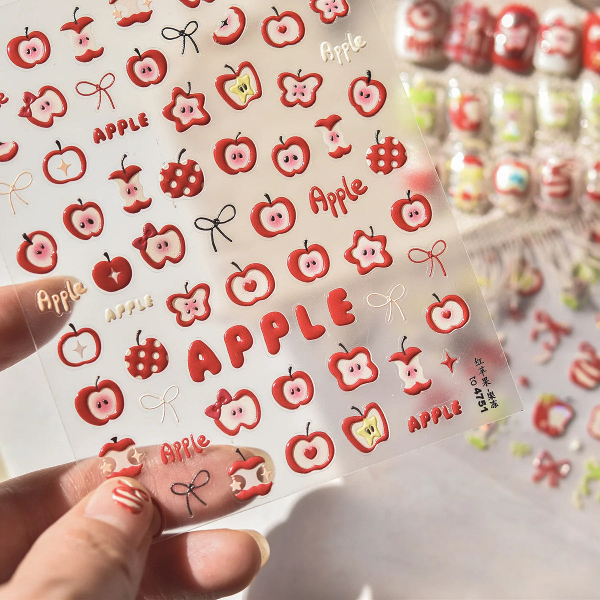 Juicy Red Jelly Tomato Nail Art Sticker Cute Bowknot Glitter Star Kawaii 5D Fruit Self Adhesive Nail Art Decals for Summer DIY