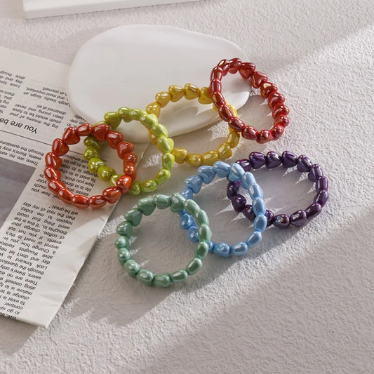 Sweet Fashion Dopamine Colorful Glossy Resin Heart Handmade Bead Elastic Bracelets for Women Summer Beach Stackable Jewelry Gift