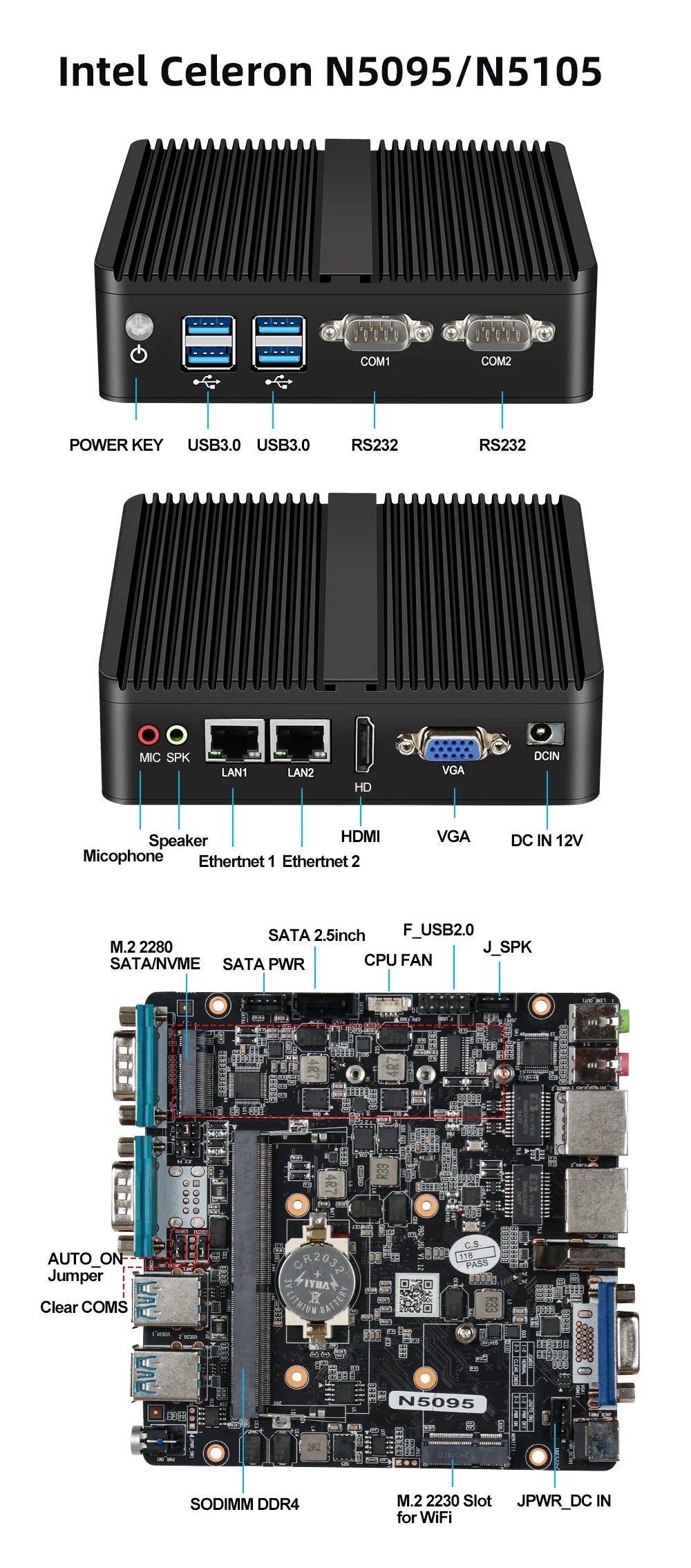 Fanless Mini Industrial PC Intel Celeron N5095 2x RS232 Serial Ports 2x Gigabit Ethernet Mini-PCIe Expansion Windows Linux