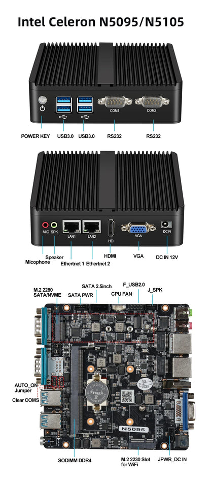 Fanless Mini Industrial PC Intel Celeron N5095 2x RS232 Serial Ports 2x Gigabit Ethernet Mini-PCIe Expansion Windows Linux