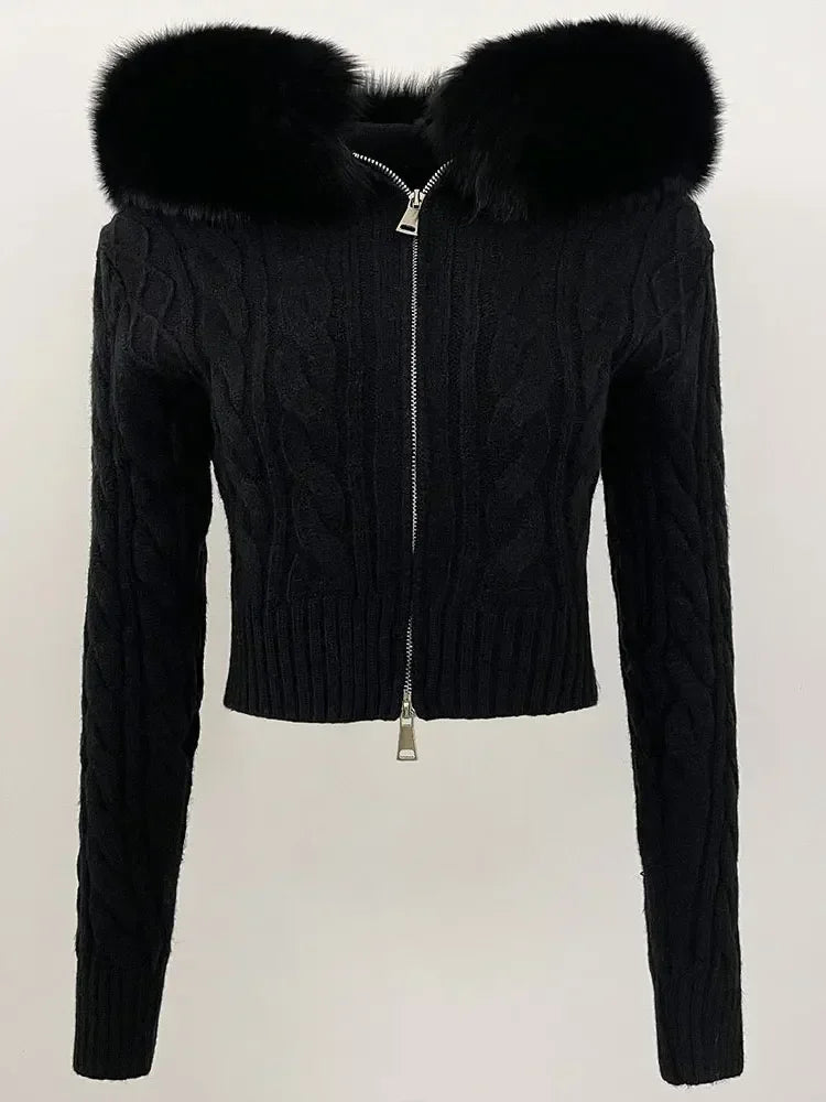 Fashion Natural Fox Fur Collar with Knitted Sweater Women Casual Sweater 2025 New Spring Autumn Slim Fit Elastic Oversized Coat