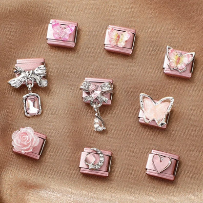 2025 New Women Romantic Pink Cherry Heart Shiny CZ Italian Charm Links Fit 9mm Bracelet Stainless Steel DIY Making Jewelry Gifts