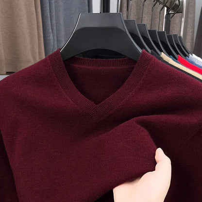 Men's V-Neck Basic Solid Color Sweatshirt Warm Autumn Knitted Oversize Pullover Elastic round Neck Sweater for Casual Wear