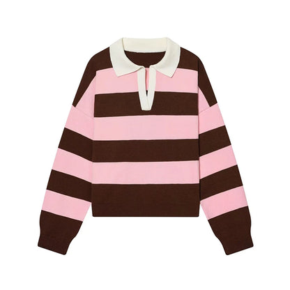 Sweater knitted Pullover Women's Spring 2026 New Fashion Striped Loose Polo neck Warm Women Sweater Chic Youth Holiday Pullover