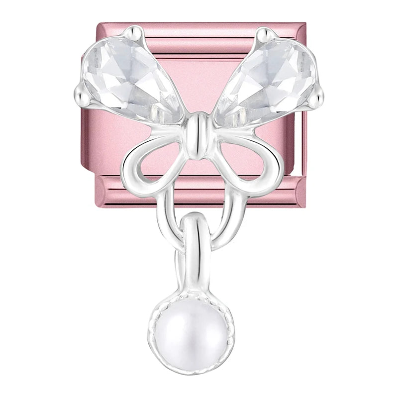 2025 New Women Romantic Pink Cherry Heart Shiny CZ Italian Charm Links Fit 9mm Bracelet Stainless Steel DIY Making Jewelry Gifts