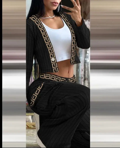 Autumn Fashionable And Elegant Solid Color Women's Suit Long-sleeved V-neck Short Coat Pocket Wide-leg Drawstring Trousers Suit
