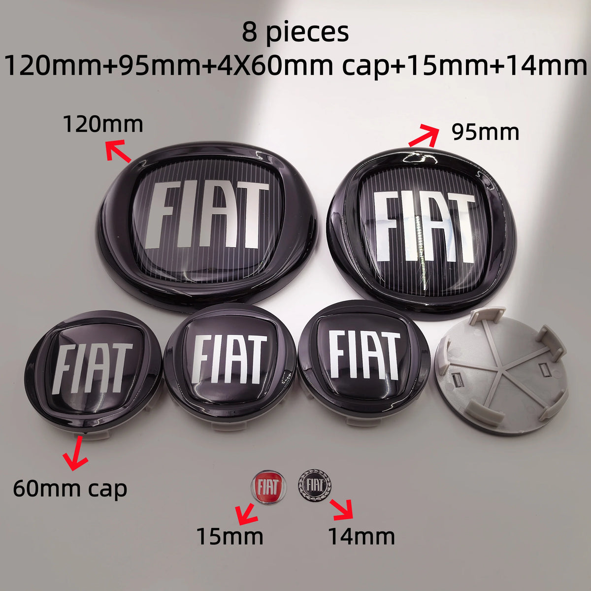 8pcs Fiat 500 Car Front Hood Emblem Rear Trunk Badge 95mm 120mm 12cm Wheel Center Logo Hub Cap 50mm 56mm 60mm 5cm 6cm