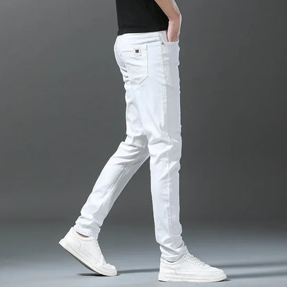 2026 Spring New Men Slim Jeans 98% Cotton White Stretch Straight Casual Fashion Pencil Pants High Quality Trousers Male Clothes