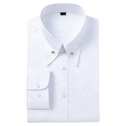 Embroidered French Cufflinks Men's Long-Sleeve Shirt with Collar Pins, Big Collar Dress Shirt for Business Formal Wear, Gentlema