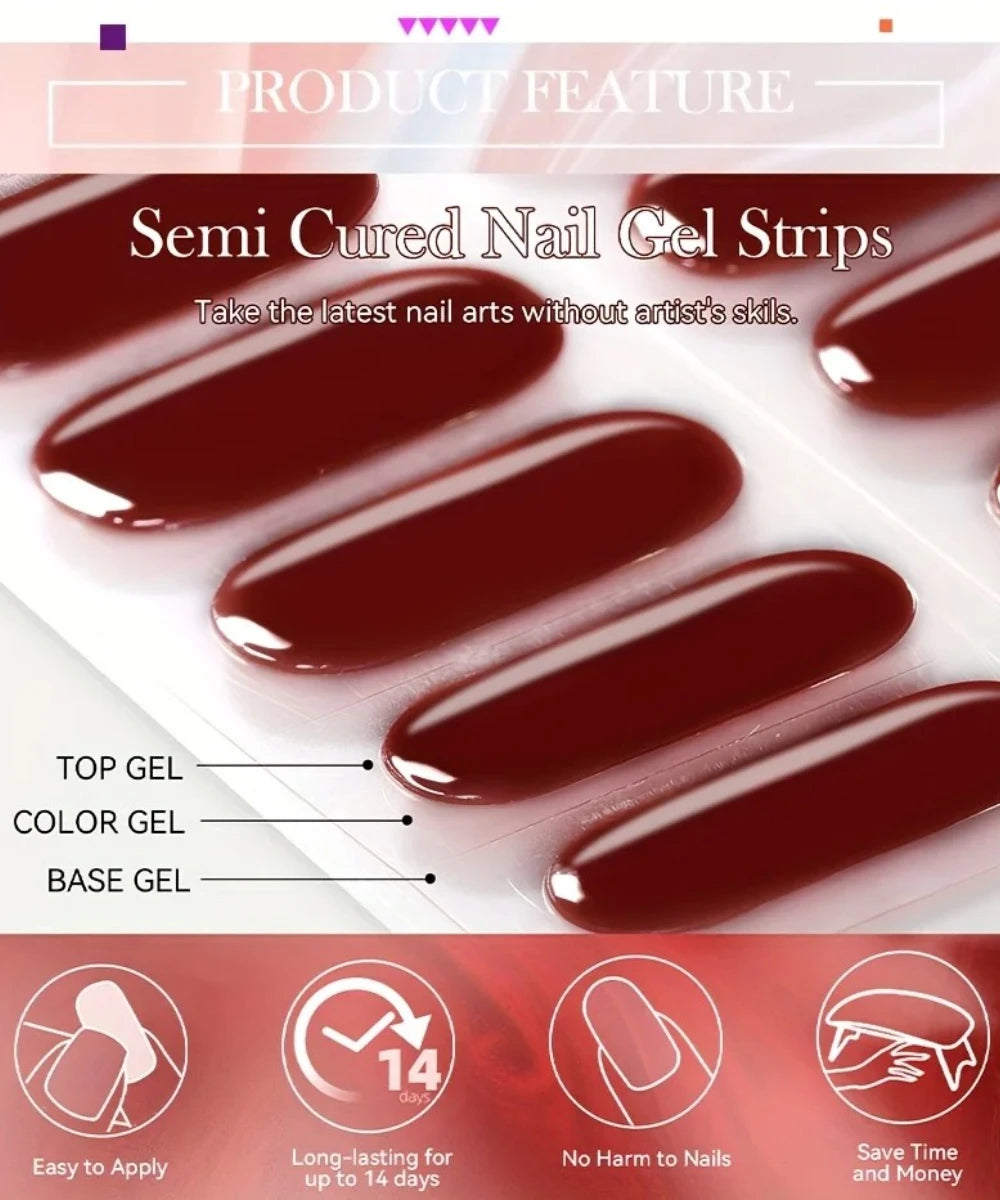 16/22 Tips Semi Cured Gel Nail Stickers for UV Lamp Designer Adhesive Nail Gel Wraps DIY Long-lasting  Nail Decoration