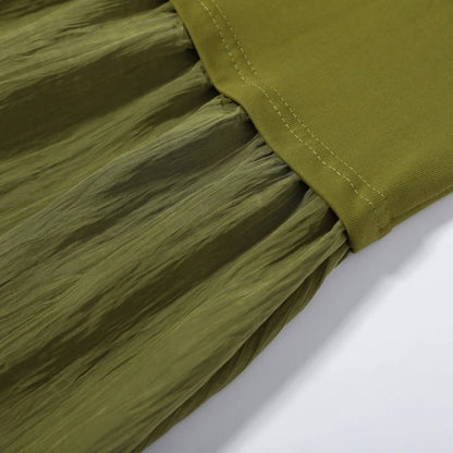 2026 Summer New Loose Patchwork Dresses Women's Pleated Fashion Short Sleeve O-neck Long Robes Female Elegant Casual Dress