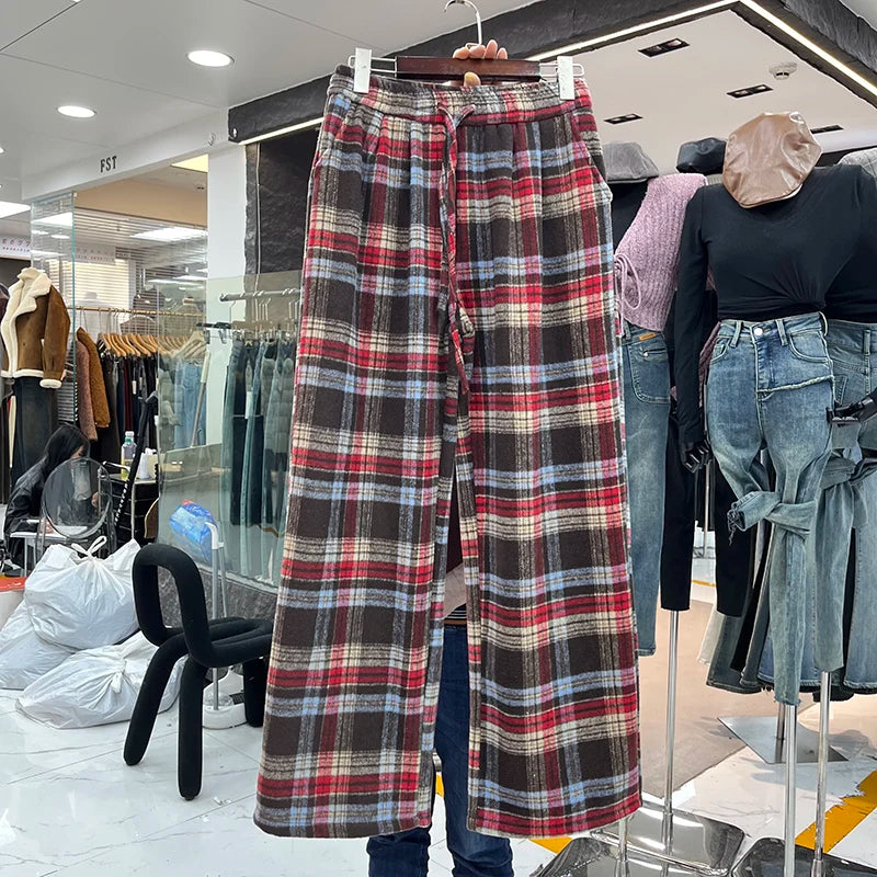 Autumn Winter Casual Long Pants High Waist Wide Leg Pants Thickened Fleece Versatile Style for Women's Casual Wear