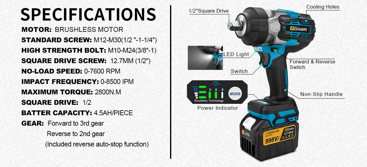 Gisam 2800N.M Torque Brushless Electric Impact Wrench 1/2 inch Screwdriver Cordless Wrench Power Tool For Makita 18V Battery Pin