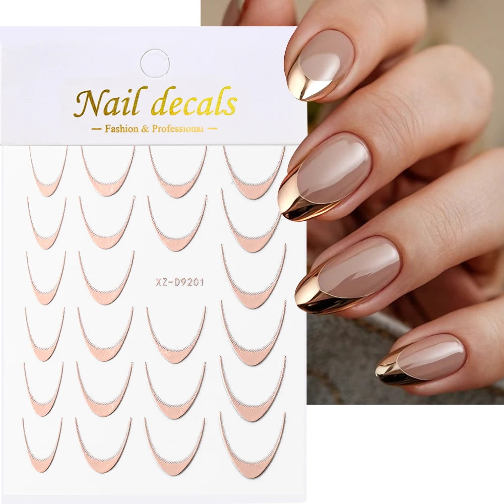 3D Gold Stamping V-Shaped French Tips Nail Art Stickers Retro Metal French Line Nail Decals Chrome Curved Strip Nail Decoration