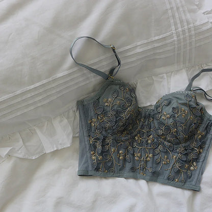 Three-Dimensional Embroidered Bra Sexy Lace Fish Bone Corset Widened Breasted With Steel Ring 2/1 Half Cup Bralette Underwear
