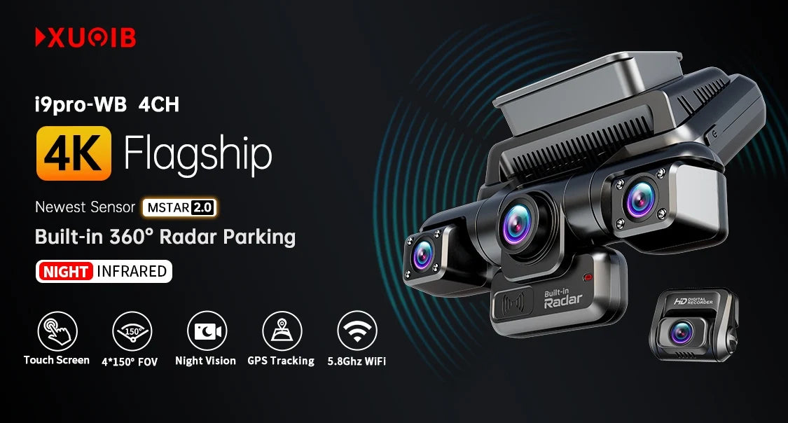 XUOIB I9pro-WB 4CH 360° Dash Cam 4'' Touch Screen 4K/2K Front for Car DVR Camera 24H Parking Mode GPS WiFi Recorder Night Vision