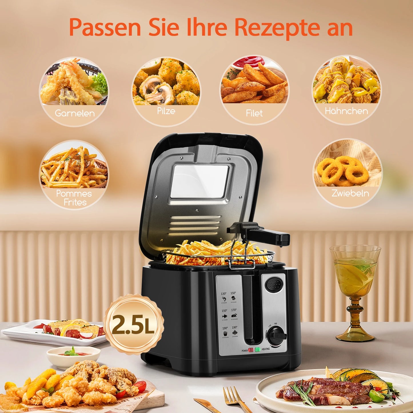 Aigostar Deep fryer with 2.5 l capacity, 1650 W, BPA-free deep fryer with viewing window, temperature control and display, black