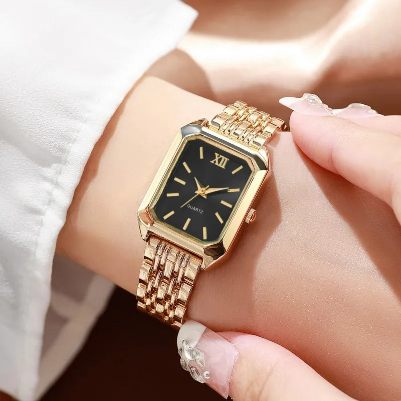 5PCS Womens Elegant Rectangle Rhinestone Quartz Watch Jewelry Set Fashion Women Watches Reloj Mujer Girl Clock Gift（Without Box）