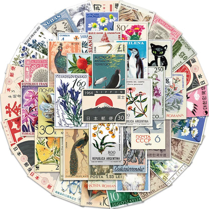 50pcs Retro Stamp Art Stickers Vintage Aesthetic Cartoon Decals For Laptop Luggage Skateboard Phone Sticker Kids Toys