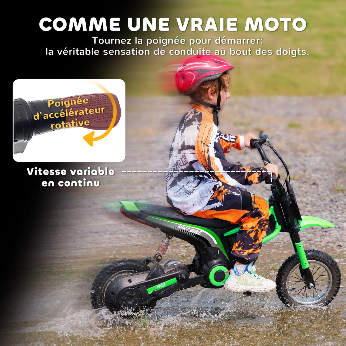 Electric motorcycle for children, off-road motorcycle, electric motorcycle for kids, 350 W engine, 12 V battery, 8–16 km/h, 12-inch pneumatic tires, green, children’s motorcycle