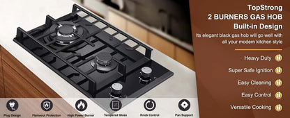 TopStrong 2 Burners 30cm Kitchen Built in Tempered Glass NG/LPG Dual Fuel Gas Hob UKGCT-B02
