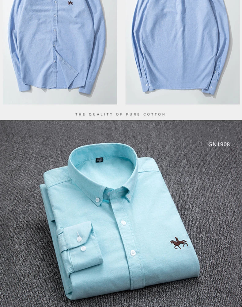 Casual Pure Cotton Oxford Mens Shirts Long Sleeve Embroidery Horse Design Regular Fit Fashion Button Man White Dress Shirt