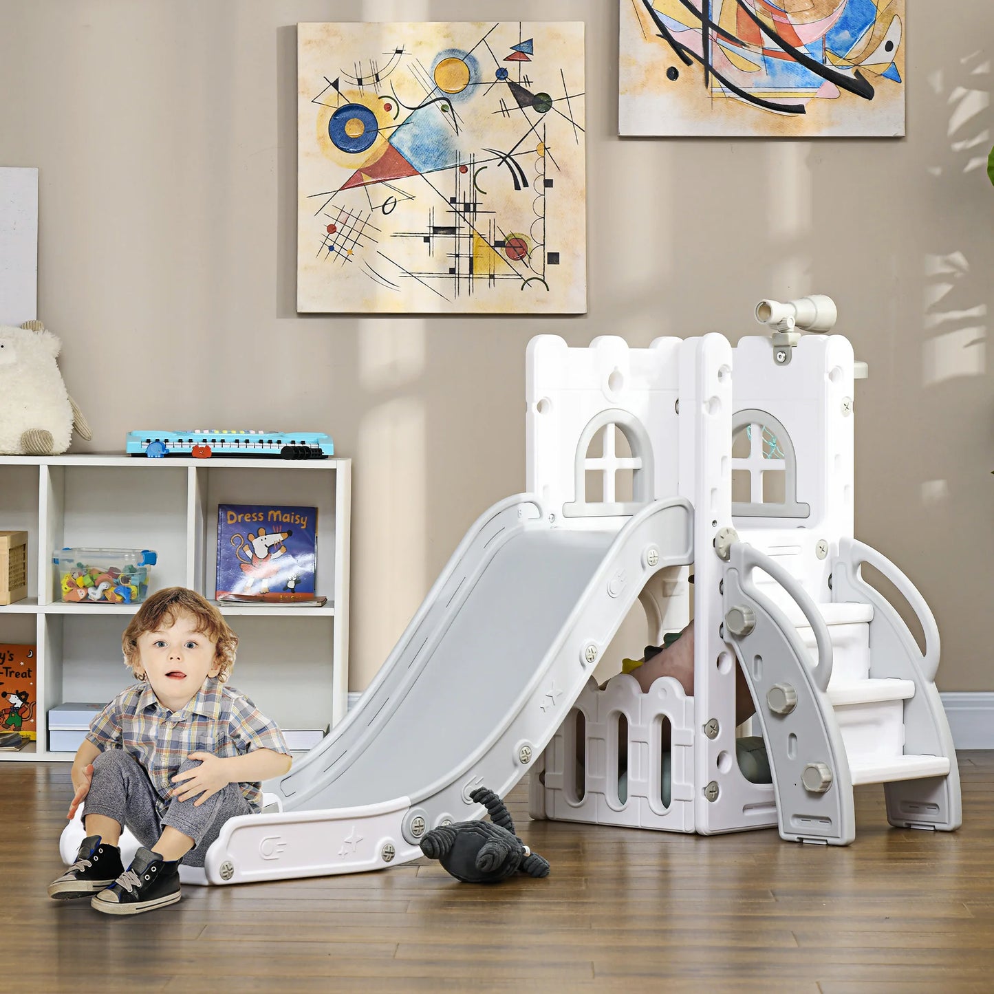 Children's Slide, 5 in 1, Toddler Slide with Basketball Hoop, Telescopic Climbing Frame Gray 70 X 177 X 92 cm, Children's Toy Slide, Toy Slide, Outdoor Slide