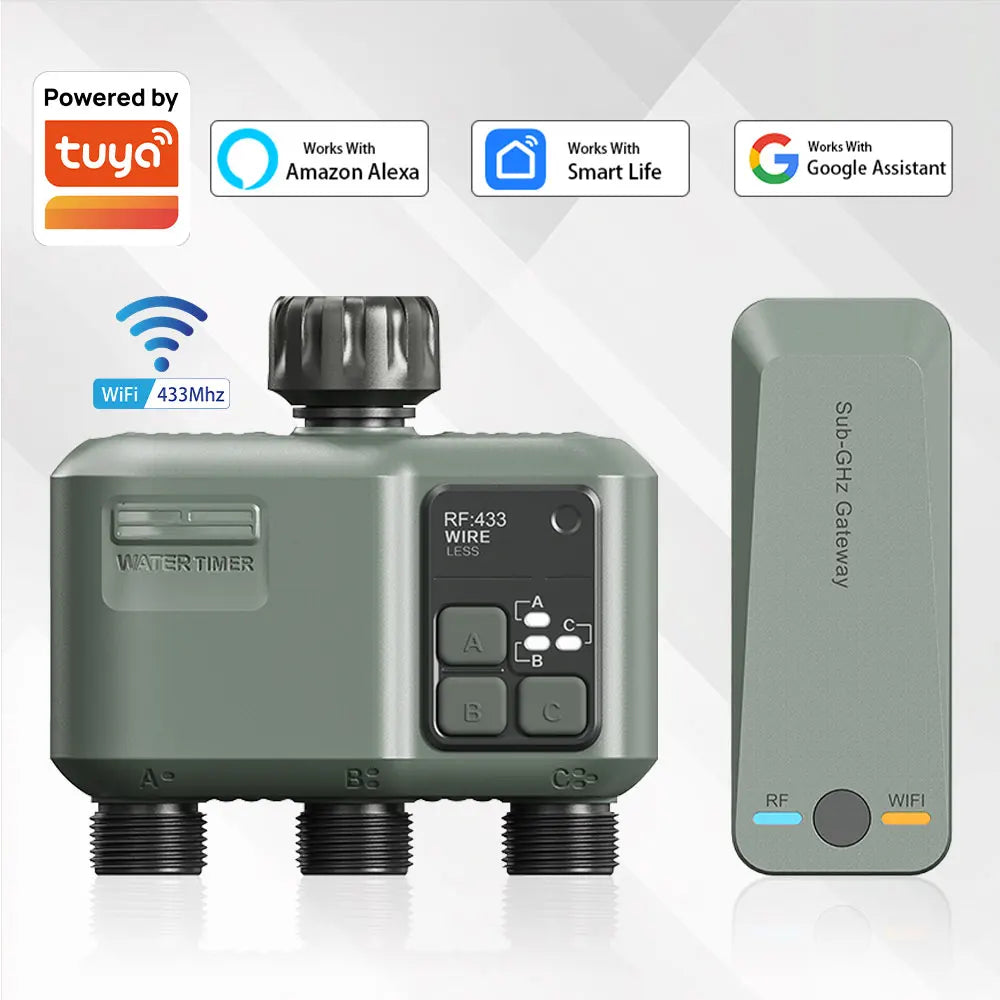 3 Zone Water Timer with, Tuya Wifi+RF433, Featuring IPX5 Waterproof, Rain Delay, Intelligent Irrigation, Suitable for the Garden