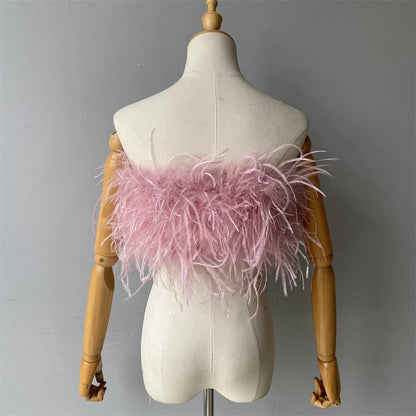 Jaxmonoy New Women Ostrich Feather Tube Spring Summer Sexy Stretch Top Bra Lady Party Wedding Fashion Sleeveless Cropped Top