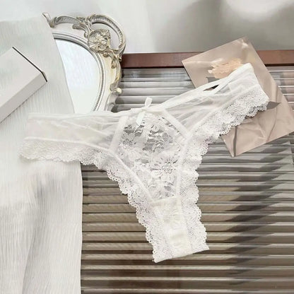 Breathable Patchwork Mesh Floral Bowknot Panties Ruffle Thong Lace Flower Transparent Briefs Low Waist Hollow Out Lady
