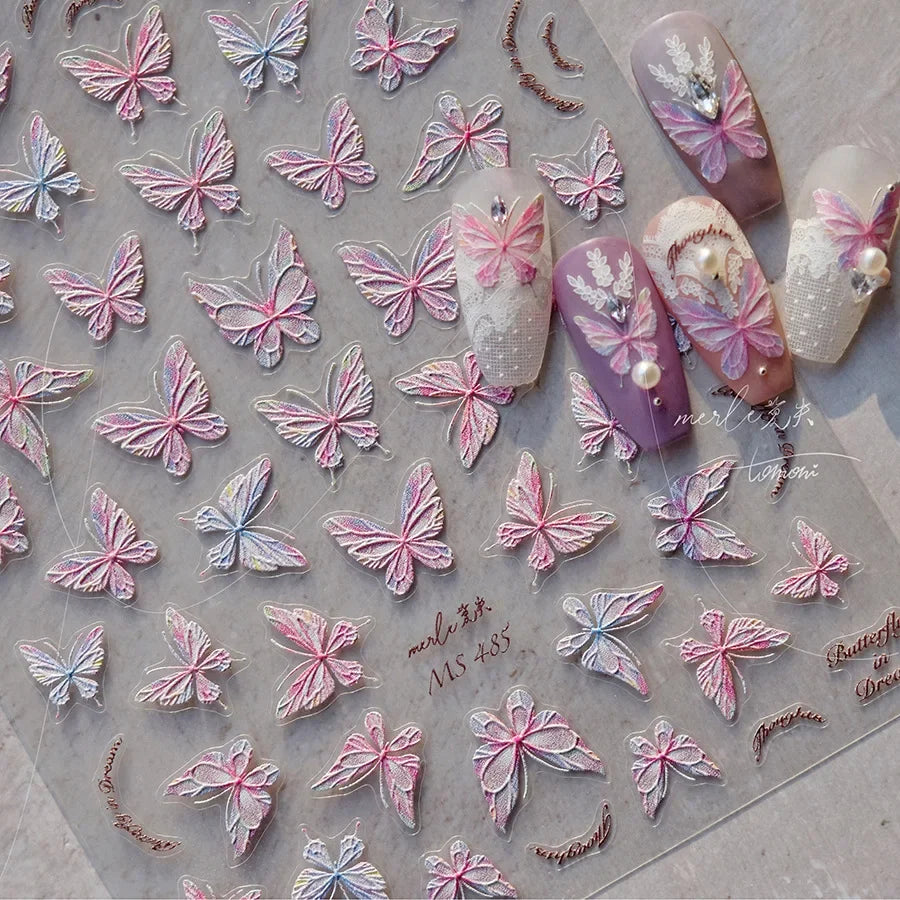 Shiny Jelly Butterfly Charming Golden Gradient Bowknot 5D Self Adhesive Nail Art Sticker Flower Petal Rhinestone Manicure Decals