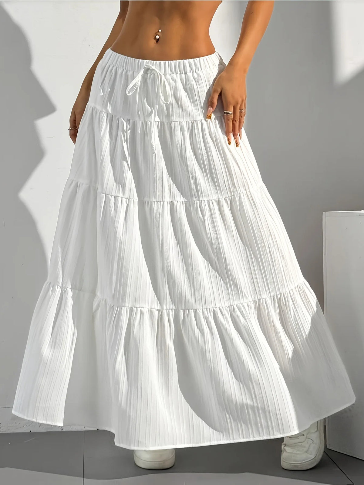 European and American Cross-Border New Style Wish Spring and Summer Women's Skirts, Tie-Strap Spliced Flared Skirts, Loose Long