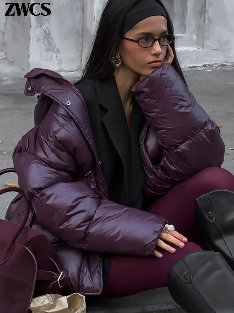 Vintage Zipper Cotton Coat Women Hooded Full Sleeve Pockets Drawstring Overcoats 2025 Winter New Lady Fashion Warm Streetwear