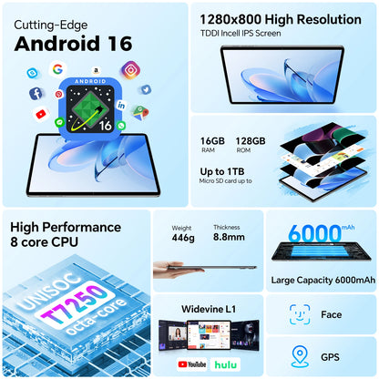 Teclast P30T Case 10.1" Tablet Ai Gemini Android 16 16Gb(3Gb+13Gb Expansion) Ram 128Gb Rom T7250 8-Core All-In-One Keyboard/Case/Mouse/Stylus/Earphones/Tablet Stand