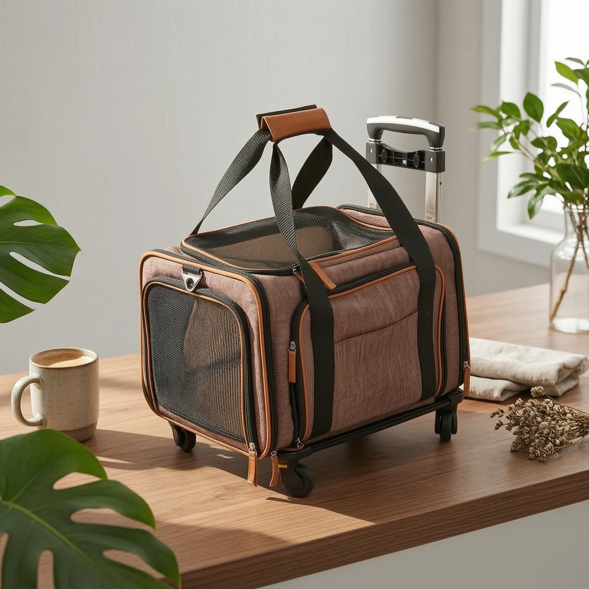 Rolling Mesh Pet Carrier Soft-sided Animal Carrier Breathable Mesh Windows Telescoping Handle for Convenient Transport